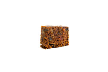 Fruitcake isolated on white background with selective focus