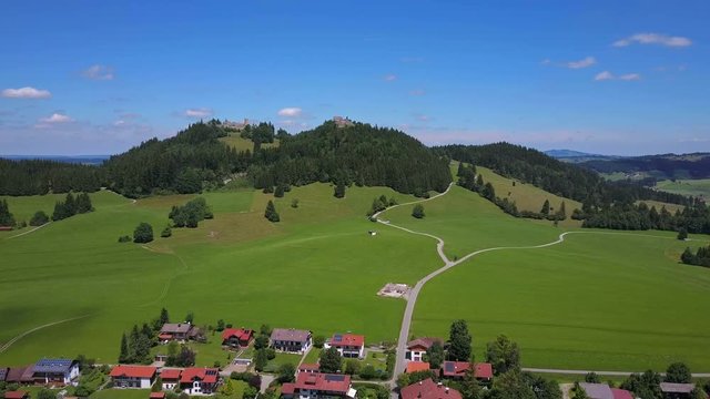 Aerial view of Eisenberg and castle ruins, Allgau Alps, Allgau, Swabia, Bavaria, Germany, Europe