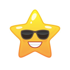 Confident star shaped comic emoticon. Satisfied face with facial expression. Pleased emoji symbol for internet chatting. Funny social communication animation. Mood message isolated vector element