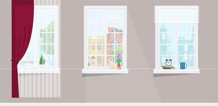 Three windows overlooking the city. Flower, cat and hot cup windowsill. Flat style vector illustration.