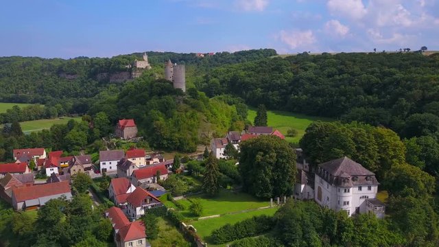 Aerial view of River Saale with Rudelsburg and Saaleck Castle, Bad K?sen-Saaleck, Saxony-Anhalt, Germany