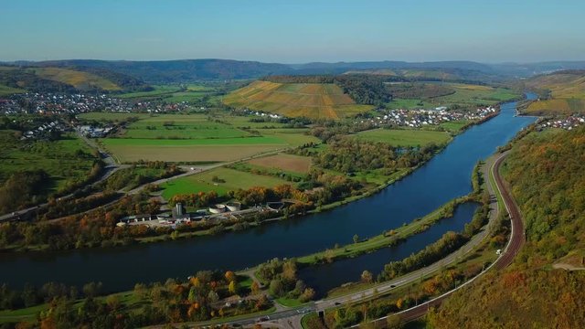 Aerial view of Saar River near Ayl in autumn, Saar Valley near Saaburg, Rhineland-Palatinate, Germany