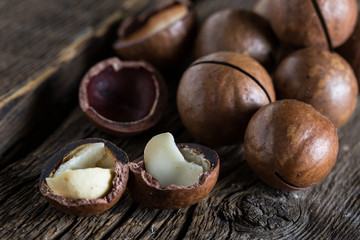 Macadamia nuts on a wooden table