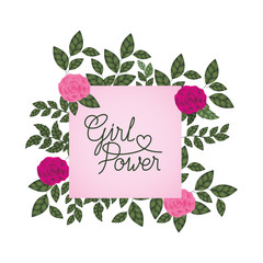 girl power label with roses frame icons