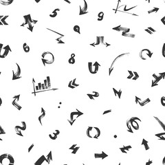 Seamless pattern with black hand-drawn info graphics elements, numbers and arrows on white background.