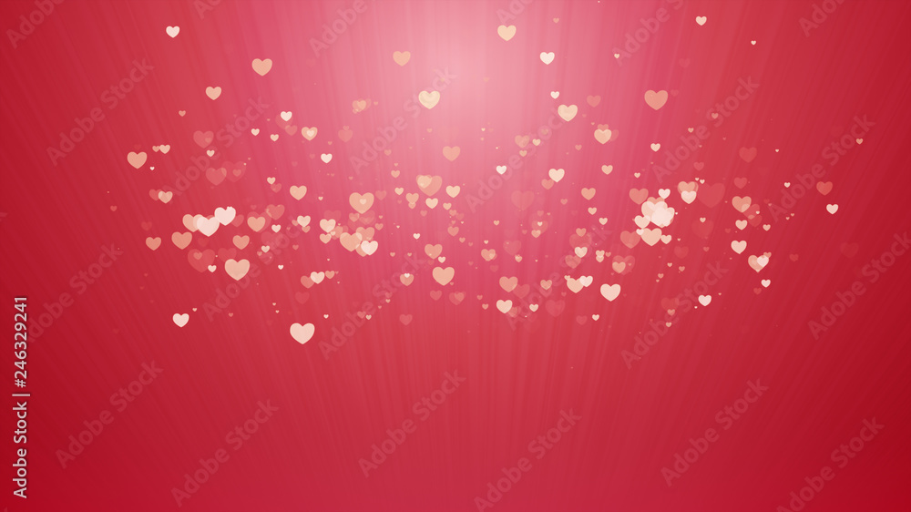 Poster red background, digital signature with sparkling heart-shaped particles and areas with deep depths p