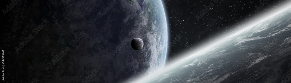 Poster Panoramic view of planets in distant solar system 3D rendering elements of this image furnished by NASA