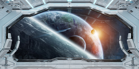 White clean spaceship interior with view on planet Earth 3D rendering © sdecoret