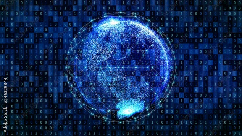 Aufkleber World. Planet earth with digital computer network connection lines and binary code number in internet technology concept of global business, 3d abstract illustration