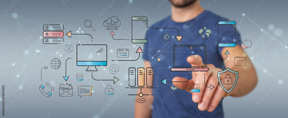 Poster Businessman using tech devices and icons thin line interface