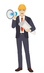 Businessman in construction helmet with loudspeaker holding the project plans. Full length portrait of businessman in a flat style. Vector illustration.