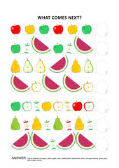 Fruit and berry themed educational logic game training sequential pattern recognition skills: What comes next in the sequence? Answer included.