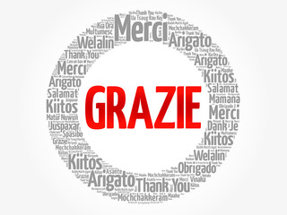 Grazie (Thank You in Italian) word cloud background in different languages