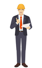 Businessman in construction helmet holding a pen and paper. Full length portrait of businessman in a flat style. Vector illustration.