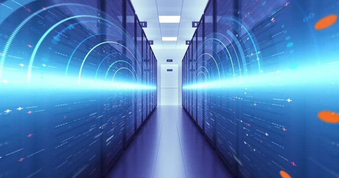 Modern Server Room Environment. Computer Racks All Around With Motion Graphics. Technology Related 4K Cg Animation.