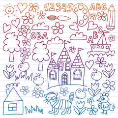 Kindergarten pattern, drawn kids garden elements pattern, doodle drawing, vector illustration, colorful, white, gradient.