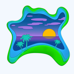 Palm trees, color sky and sunset . Modern origami style. Raster illustration