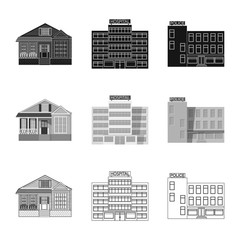 Vector illustration of building and front symbol. Collection of building and roof stock vector illustration.