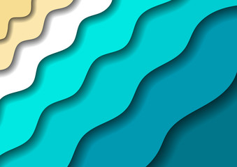 Paper cut banners with 3D abstract sea shore sand background with blue waves and shadows layer one over the other on diagonal. Layout for banner, poster, greeting card. Vector illustration.