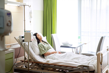 Asian lady sleep and patient in hospital with iv solution