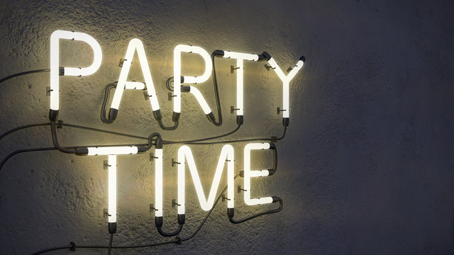 Party Time Neon Sign On Concrete Wall Background 3D Rendering