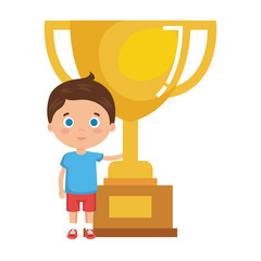 little boy student with trophy character
