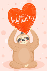 Valentine's day card with sloth in love. Cute animal with valentines card and stylish lettering 