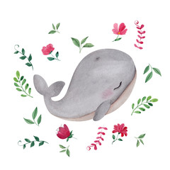 Watercolor illustration with cute whaley, octopus, narwhal and dolphin, leaves and flowers  © марина васильева