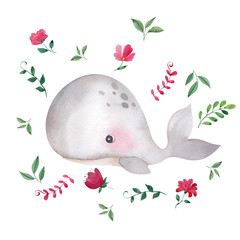 Watercolor illustration with cute whaley, octopus, narwhal and dolphin, leaves and flowers  © марина васильева