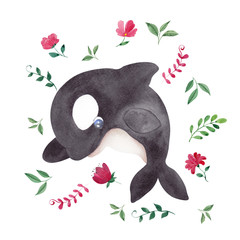 Watercolor illustration with cute whaley, octopus, narwhal and dolphin, leaves and flowers  © марина васильева