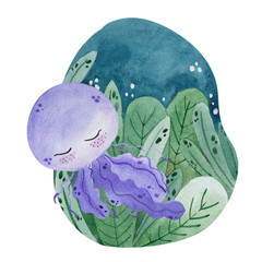 Watercolor illustration with cute whaley, octopus, narwhal and dolphin, leaves and flowers  © марина васильева