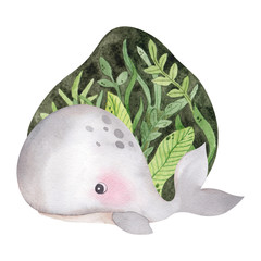 Watercolor illustration with cute whaley, octopus, narwhal and dolphin, leaves and flowers  © марина васильева