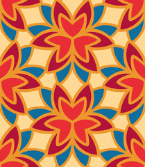 Seamless pattern morrocan ornament. Floral textile print. Islamic vector design. Oriental background with abstract flowers. Hexagonal trefoil swatch. Stained glass vitrage.