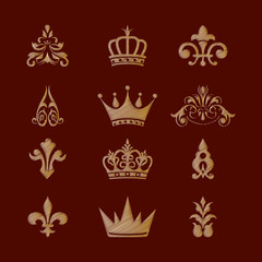 Set of royal symbols and design elements. Imitation of embroidery.