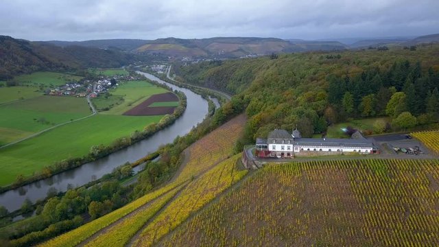 Aerial view of the vineyard estate Saarstein near Serrig, Saar River, Saar Valley near Saarburg, Rhineland-Palatinate, Germany