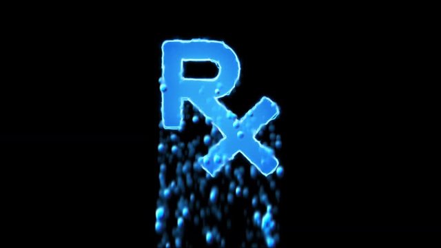 Liquid symbol prescription appears with water droplets. Then dissolves with drops of water. Alpha channel black