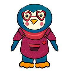 Penguin cartoon illustration. Penguin with glasses in shape of heart. Penguin in a jumpsuit with a heart. Fashion animals. The sweet feeling of love. Valentine's Day. Valentine's Day. 