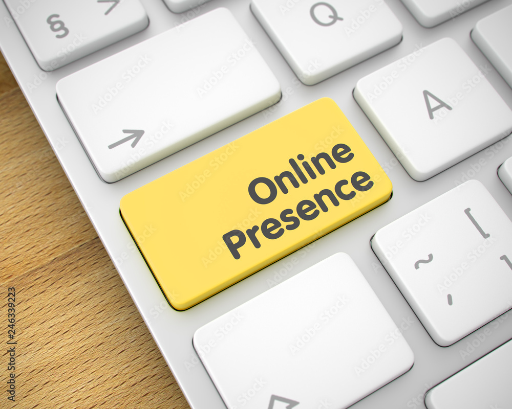 Aufkleber online presence - text on the yellow keyboard button. 3d.