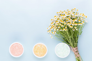 Chamomile aromatherapy theme , handmade cosmetic. space for textessential  and medical flowers herbs