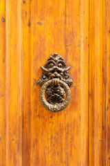 Front view of a vintage brown wooden door with a round ornate brass knocker shaped like a fantasy monster