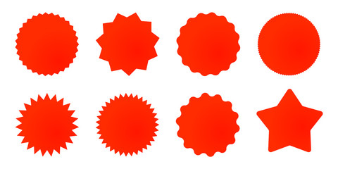 Set of red star or sun shaped sale stickers. Promotional sticky notes and labels.