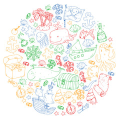 Ocean and sea for children. Cartoon illustration with water creatures. Cute fishes, animals, treasures. Kids vacation pattern, beach toys and elements.