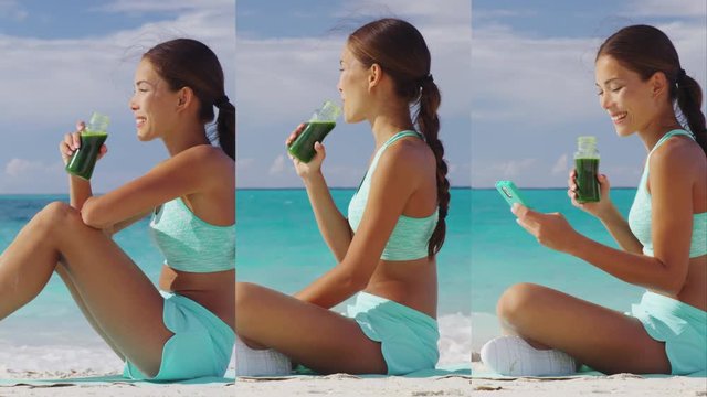 Green detox cleanse vegetable smoothie woman - vertical video. Healthy sport woman runner drinking fresh and happy after running. Fitness and healthy lifestyle concept with multicultural model.