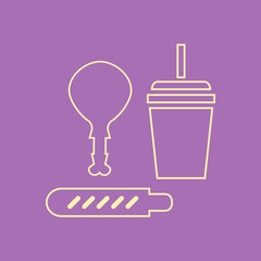 hot dog, a glass of soda and chicken leg. set of vector icons for fast food