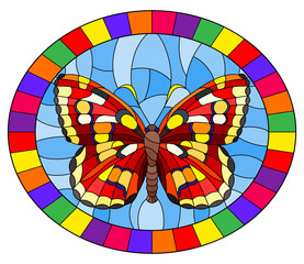 Illustration in stained glass style with bright red  butterfly on a blue background, oval picture  in a bright frame