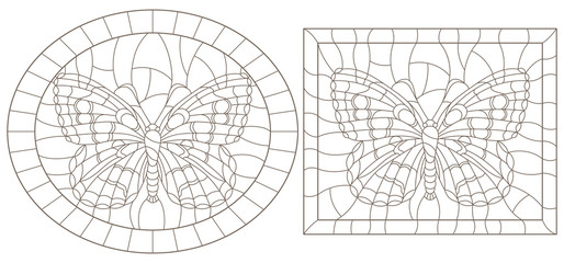 Contour set of illustrations of stained glass with butterflies , dark outline on a white background,rectangular and oval image