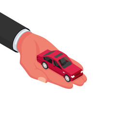 Car isometric holding in hand. Vector illustration 3D design. Isolated on white background. As a template for web pages sales and rental auto.