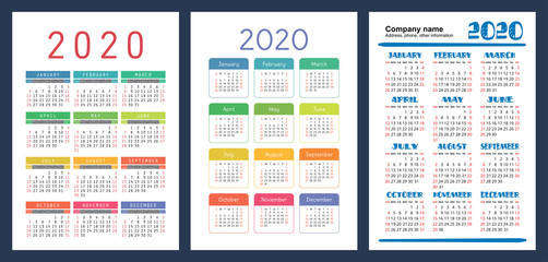 Calendar 2020. Colorful set. Week starts on Sunday. Basic grid. English vector calender collection for print. New year. Color simple design