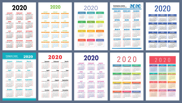 Calendar 2020. Colorful set. Week starts on Sunday. Basic grid. English vector calender collection for print. New year. Color simple design