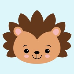 Cute flat hedgehog with blush. Childish illustration. Vector animal on blue background.